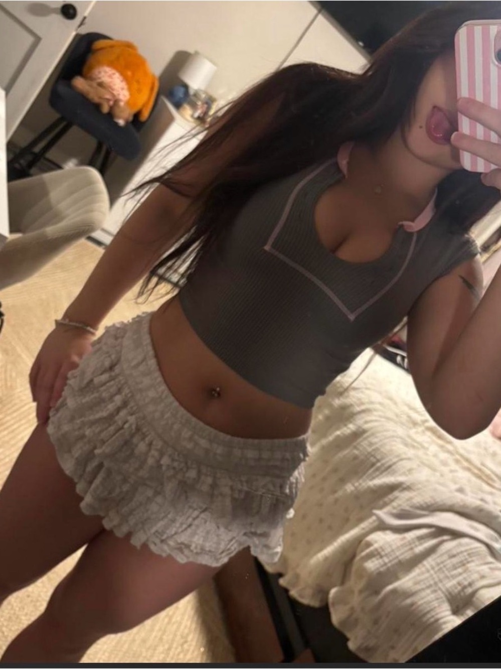 Urban Outfitters Gray Ribbed Cutout Crop Top with Pink Trim